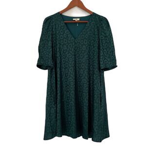 Entro Dress Women M Teal Silky Animal Print Trapeze Lined Puff Sleeve Cottage